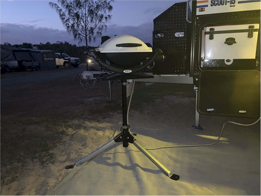 Camping at Noosa Northshore and cooking with the Tripod Weber Baby Q Tripod